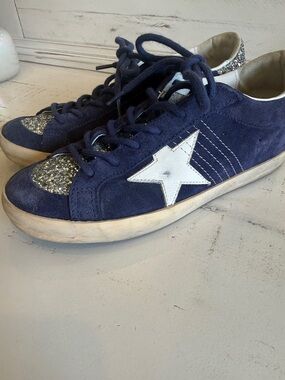 Golden Goose Navy Suede Sneakers with White Star and Silver Glitter